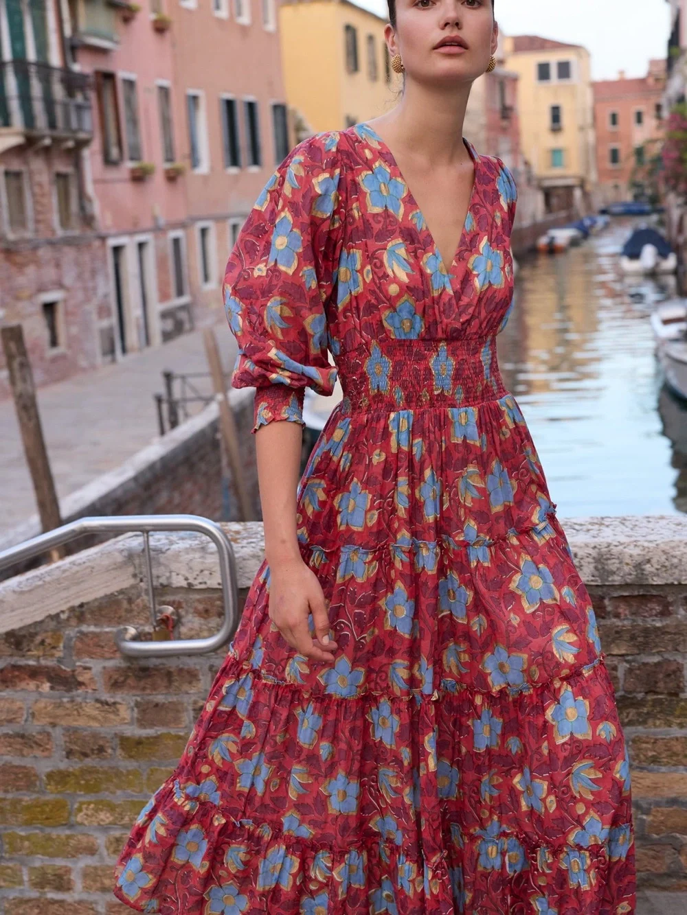 Oliphant V-Neck Smocked Waist Midi Dress Womens M Kildare Red NWT Floral Gold